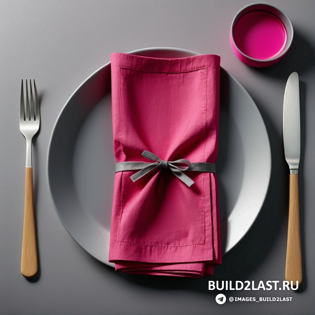 Фотореализм - натюрморт. Тарелка с салфеткой и вилкой рядом с чашкой розовой жидкости и ложкой.