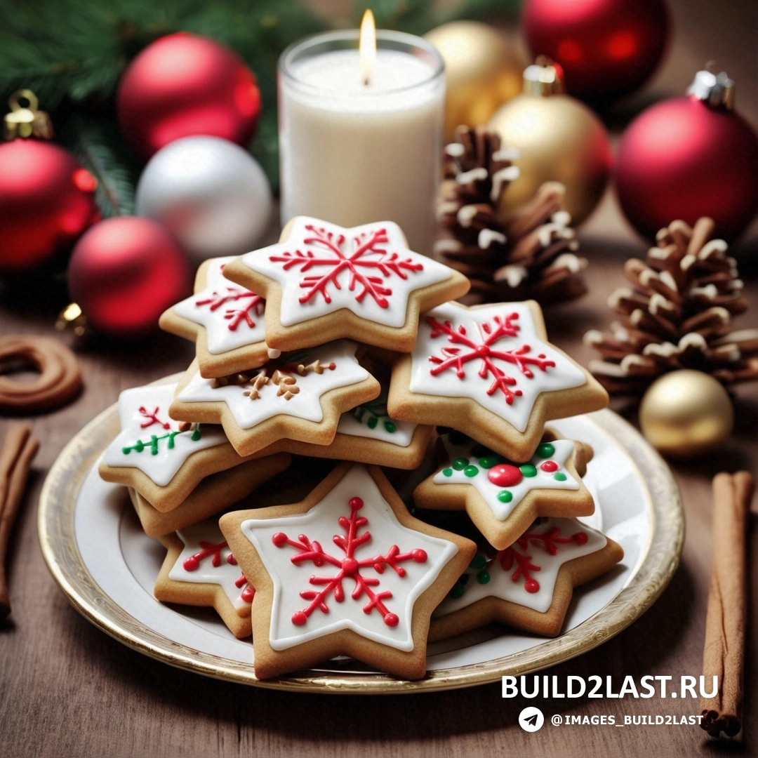 тарелка с украшенным печеньем рядом со свечой и рождественские украшения на столе
