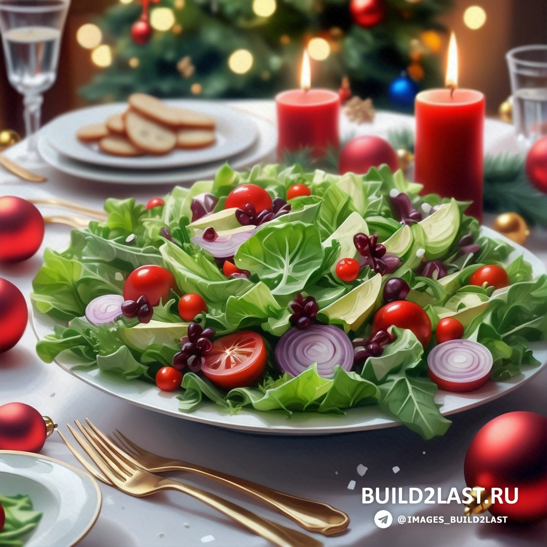 тарелка салата с помидорами, луком, на столе со свечами и рождественскими украшениями