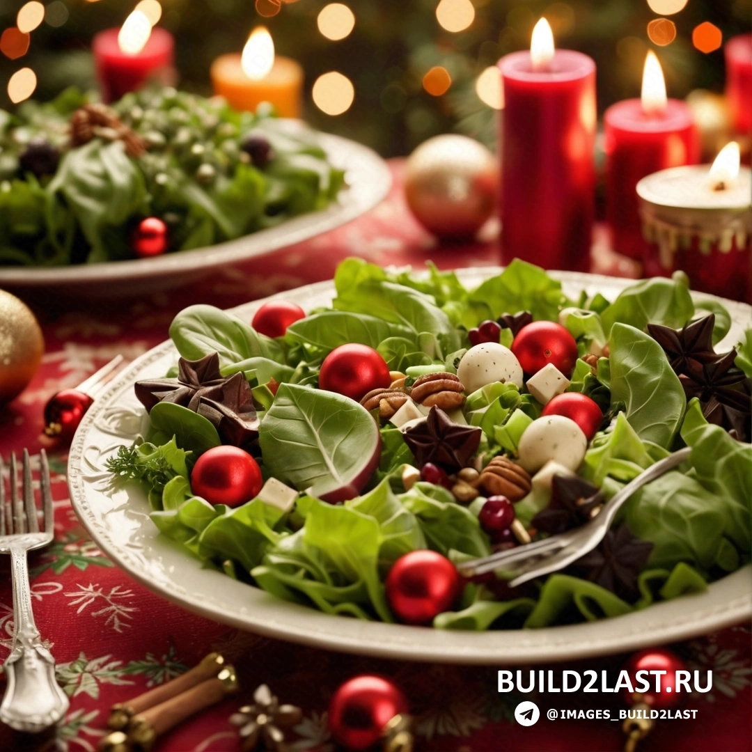 тарелка салата с вилкой и свечой на столе с красной скатертью и рождественской елкой
