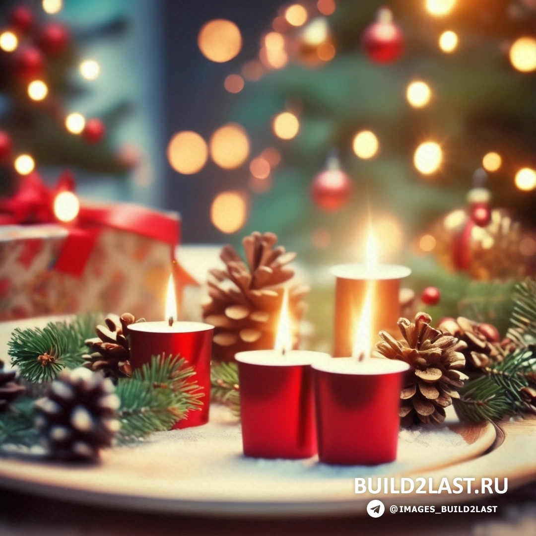 тарелка со свечами и сосновыми шишками, рождественская елка с огнями