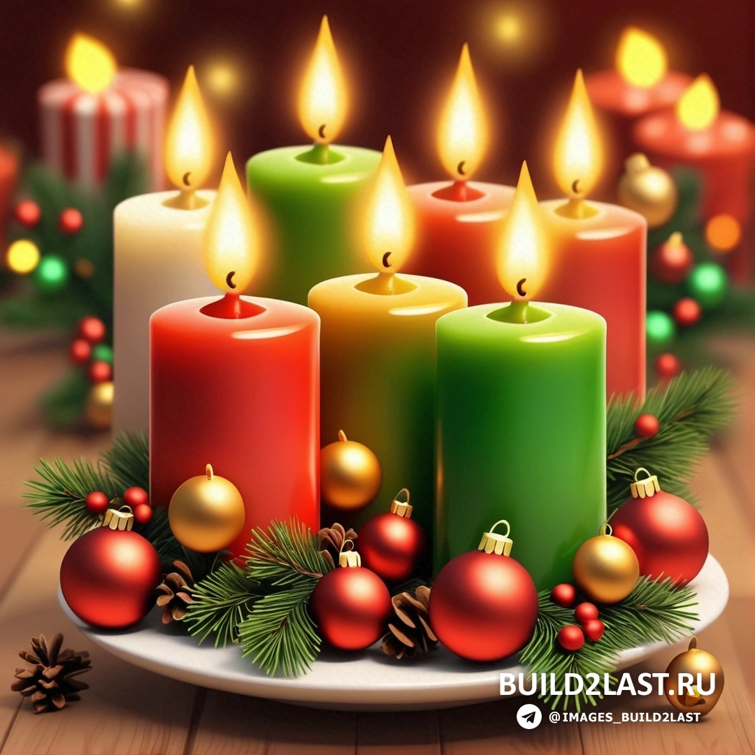 тарелка со свечами и рождественскими украшениями и сосновая шишка сбоку от тарелки