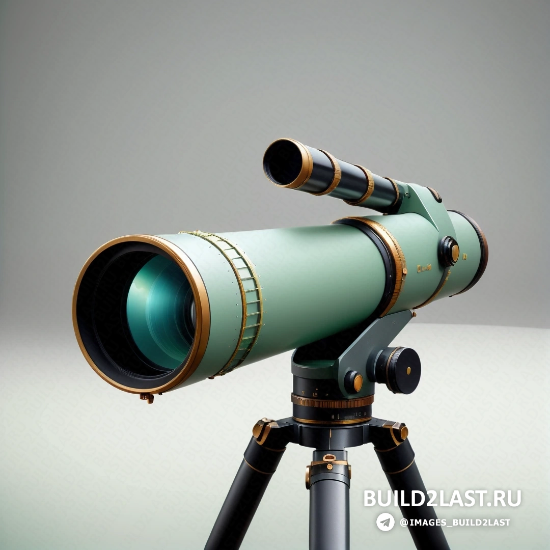 Новая объективность - 3D рендер. Телескоп на штативе с линзой на штативе и сером фоне.