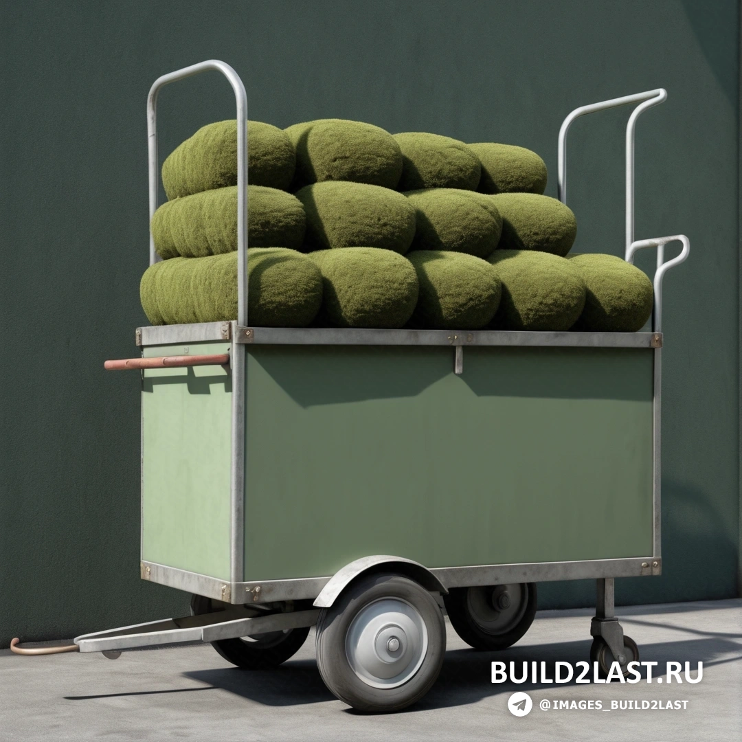 Фотореализм - 3D рендер. Тележка с кучей зеленых шариков в кузове и колесами на обочине дороги