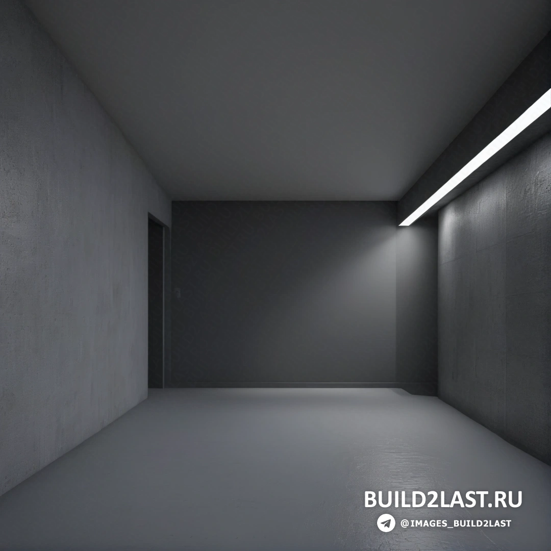 Постминимализм - визуализация с окклюзией окружающего пространства. Темная комната со светом, исходящим с потолка, и дверью посередине комнаты