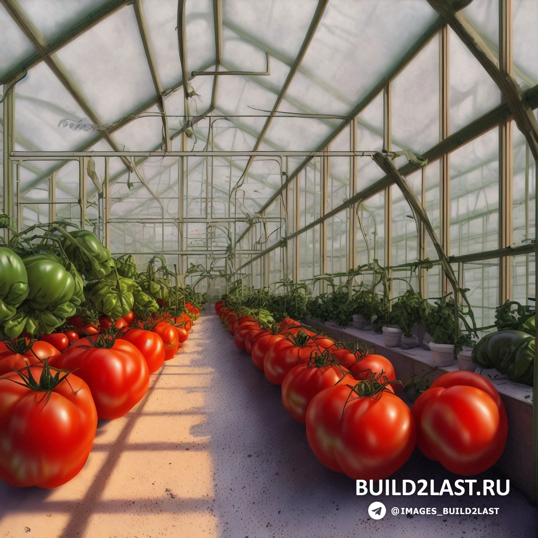 Build2Last: фотореализм - фотореалистичная картина. теплица с помидорами и зеленым перцем и ряд теплиц с открытыми дверями теплицы