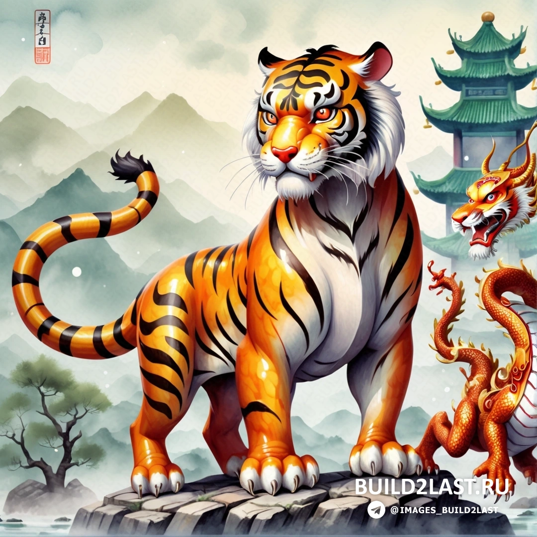 тигр и дракон стоят на скале перед горным пейзажем с пагодами и пагодой