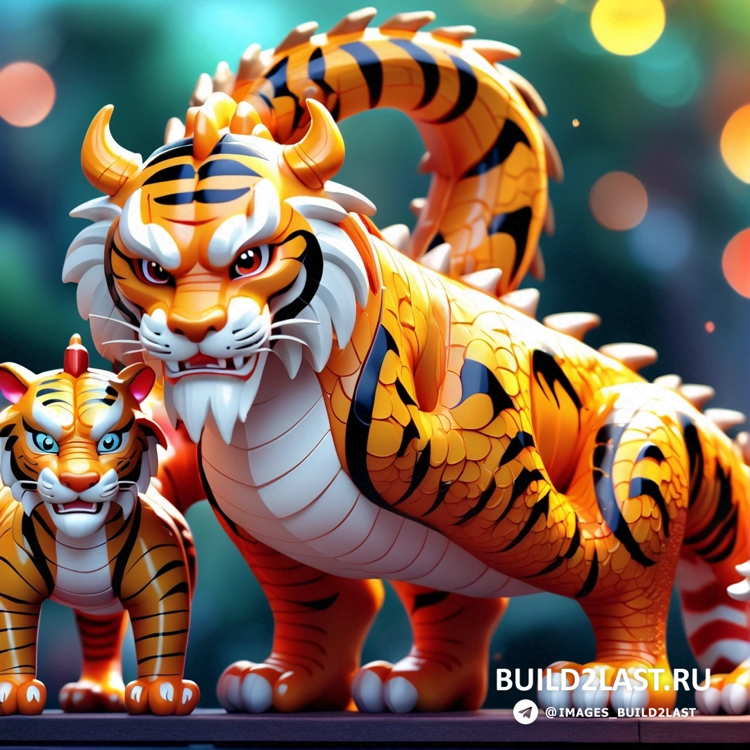 тигр и тигренок стоят рядом друг с другом на столе с огнями
