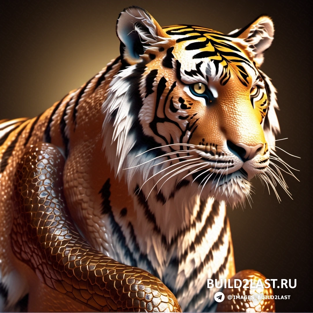 тигр со змеей на шее на черном фоне со световым отблеском на морде тигра