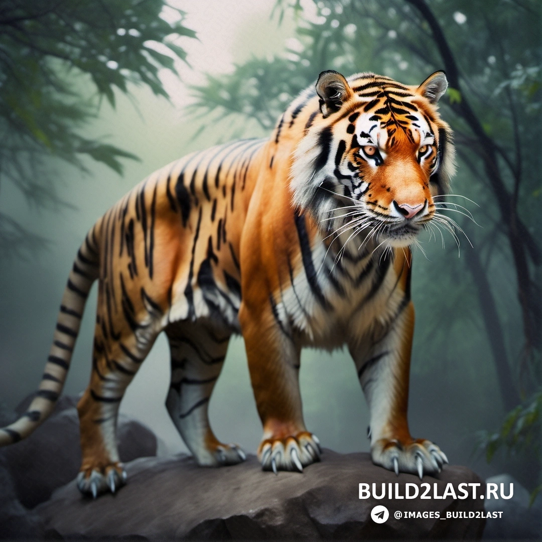 тигр, стоящий на камне в лесу с деревьями и туманным небом 