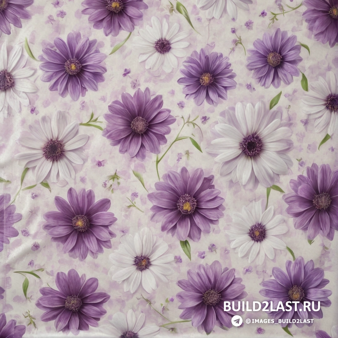 Photoréalisme - peinture détaillée ultrafine. Tissu fleuri violet et blanc avec des feuilles et des fleurs vertes dessus,