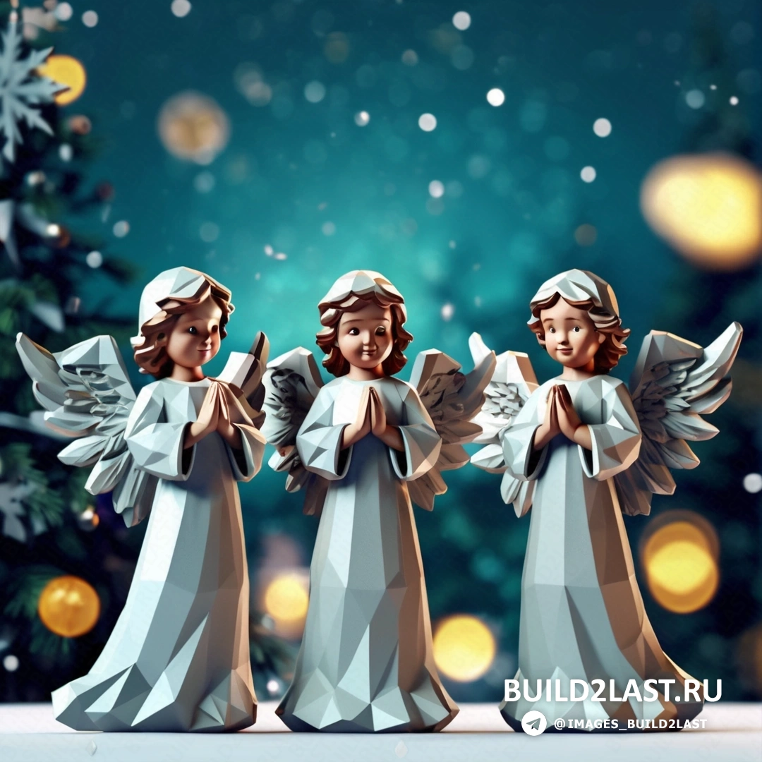 три бумажные фигурки ангелов, стоящие рядом с рождественской елкой, с огнями и снежинками