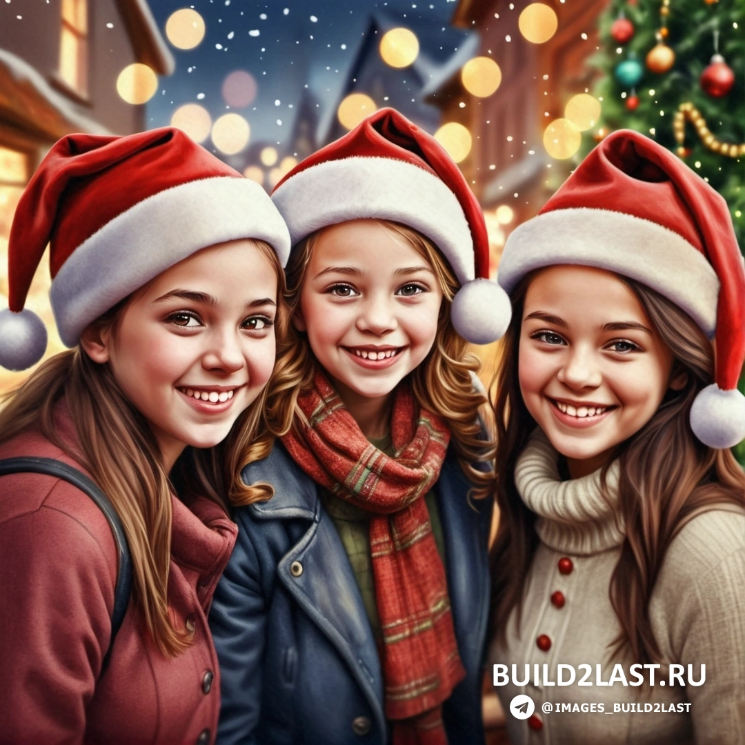 три девушки в рождественских шляпах улыбаются в камеру, стоя перед рождественской елкой с огнями