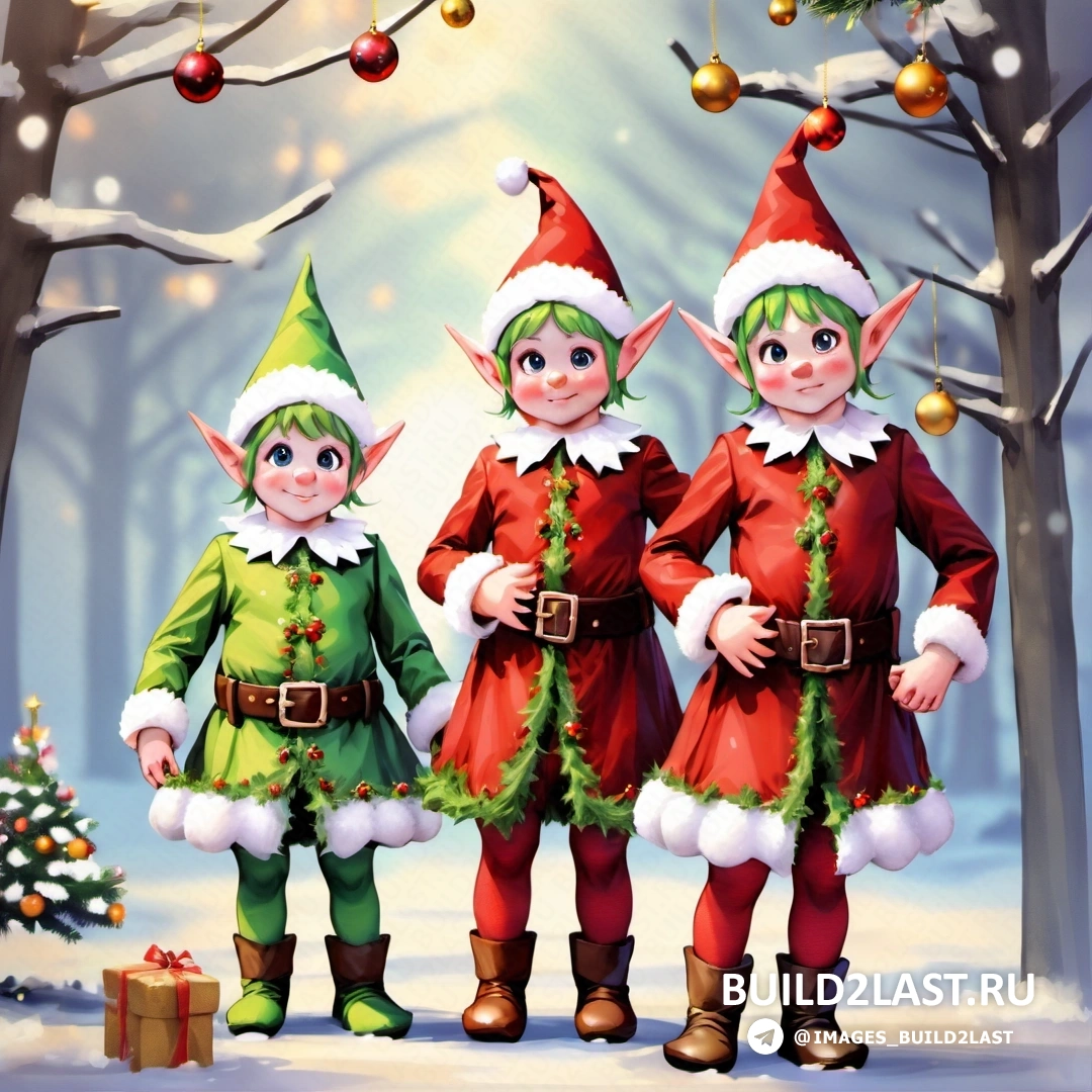 три эльфа, одетые в рождественские наряды, стоят перед рождественской елкой с подарками
