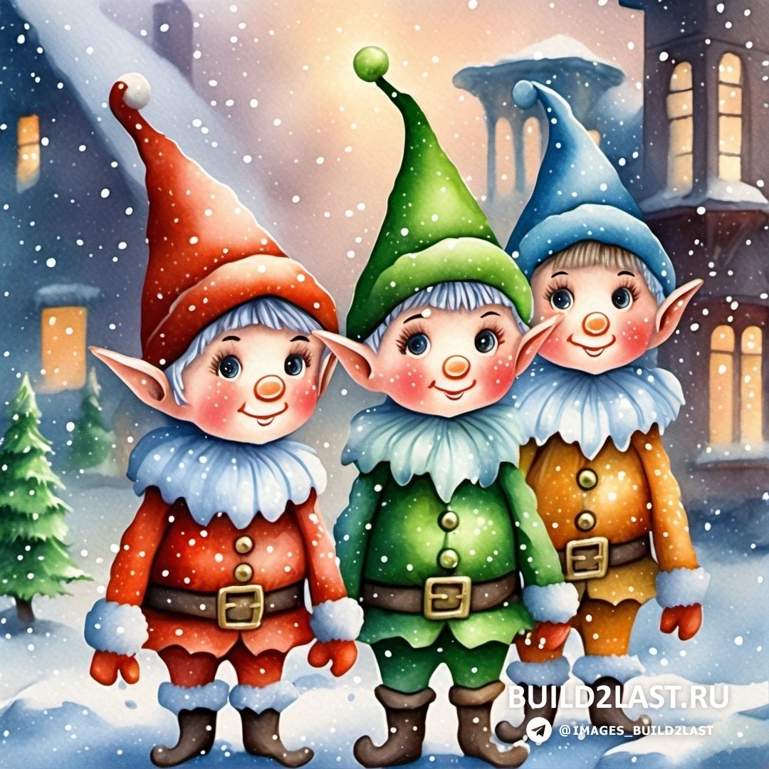три эльфа, стоящие в снегу перед домом с рождественской елкой и снеговиком с другой стороны, братья