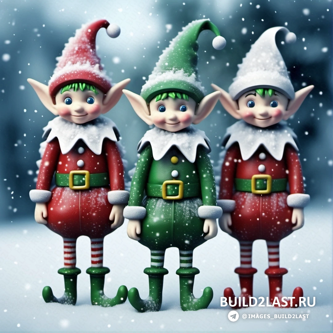 три эльфа вместе стоят на снегу, в рождественских шапках и ботинках и с зеленой сумкой в руках