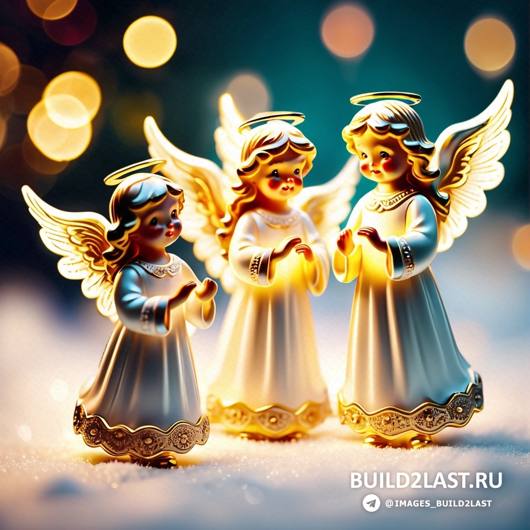 три фигурки ангелов, стоящие рядом друг с другом на столе с огнями и боке огней