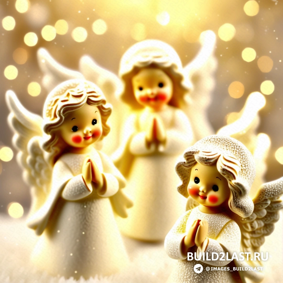 три фигурки маленьких ангелов стоят на снегу с огнями и рождественской елкой