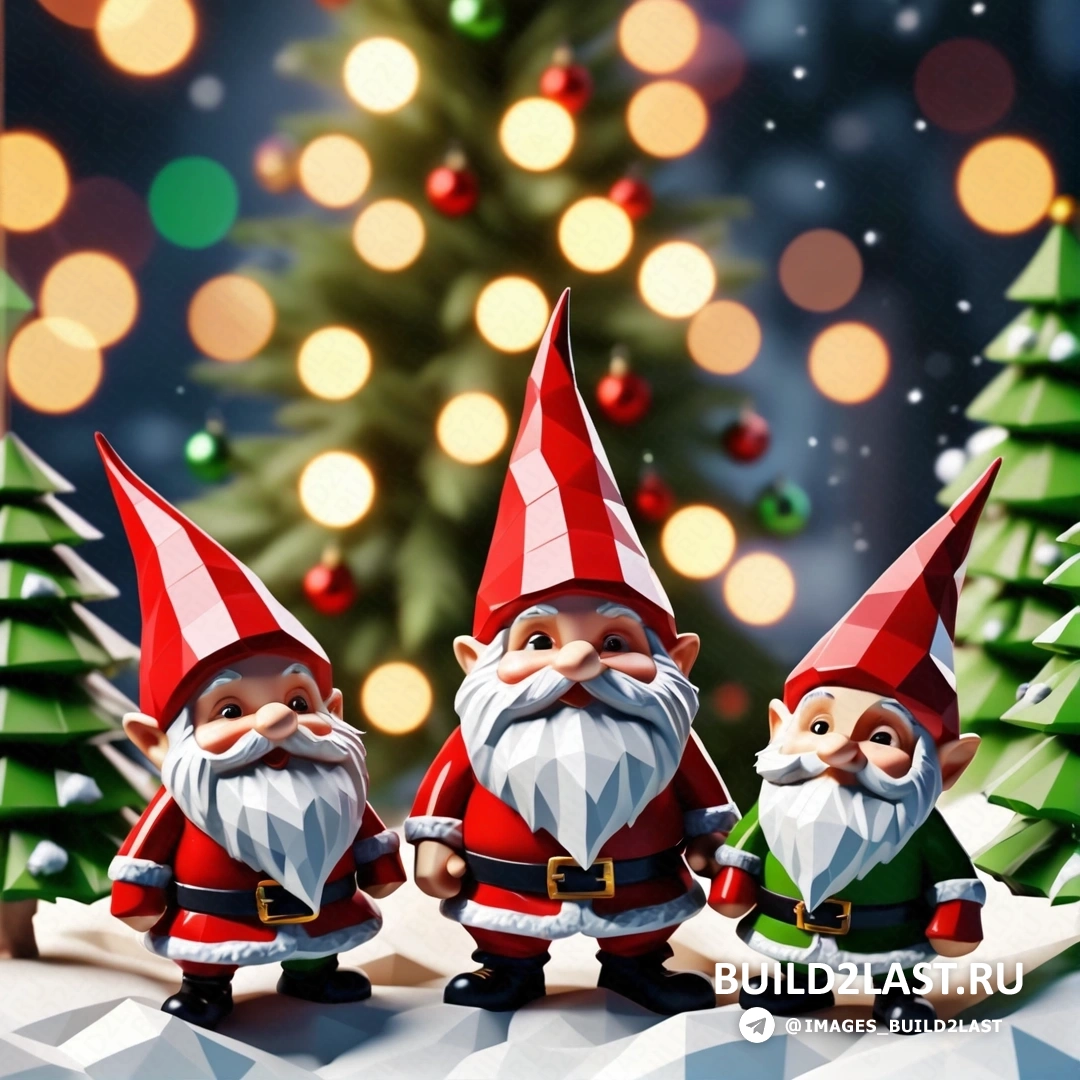 три гнома, стоящие перед рождественской елкой