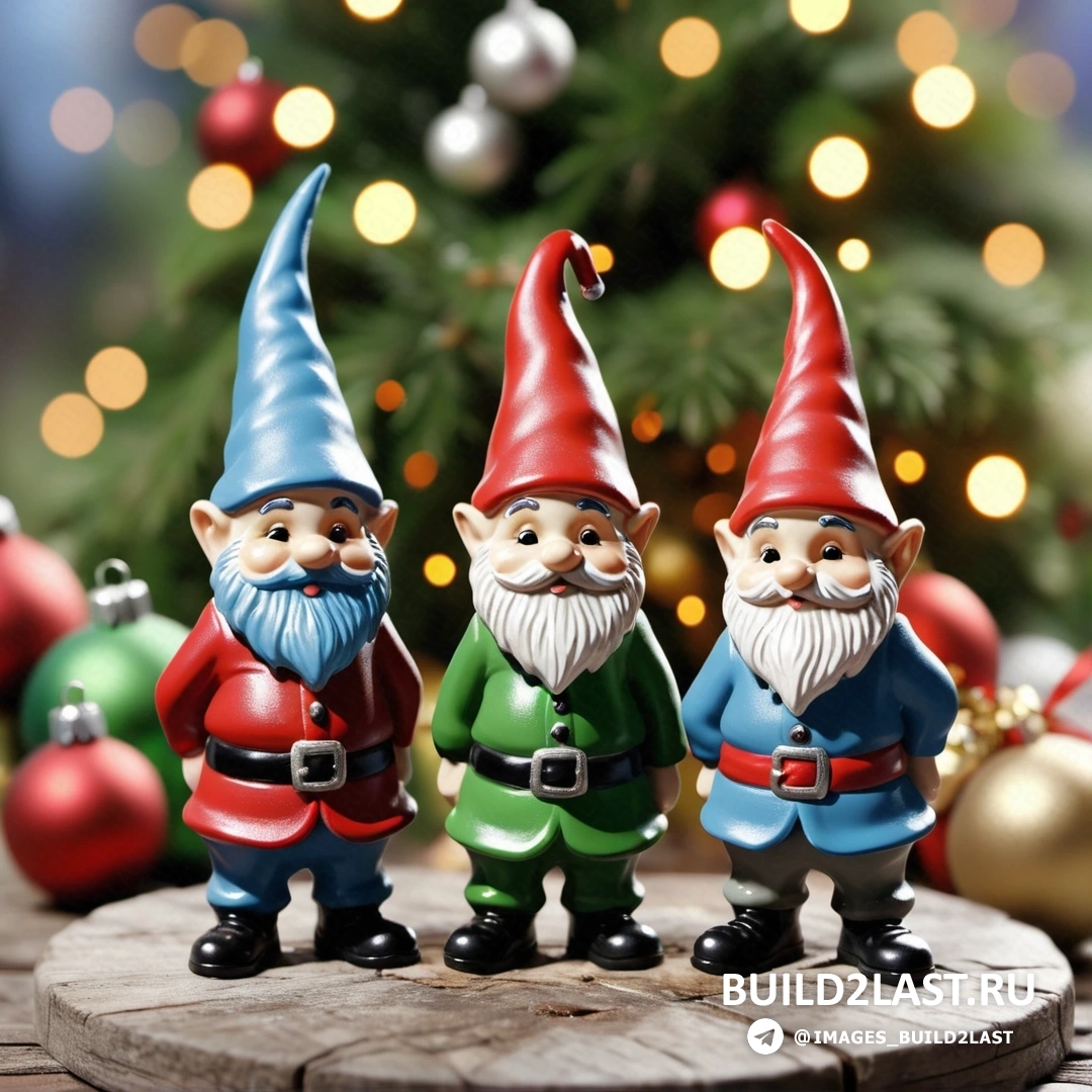 три гнома стоят рядом с рождественской елкой и рождественская елка с включенным светом