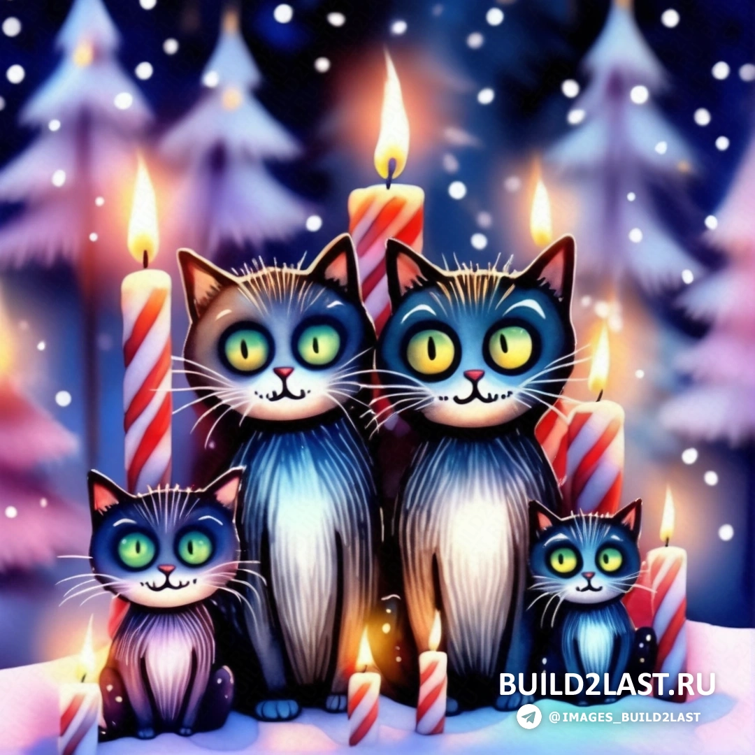 три кошки перед зажженной свечой на снегу с рождественской елкой и заснеженным лесом