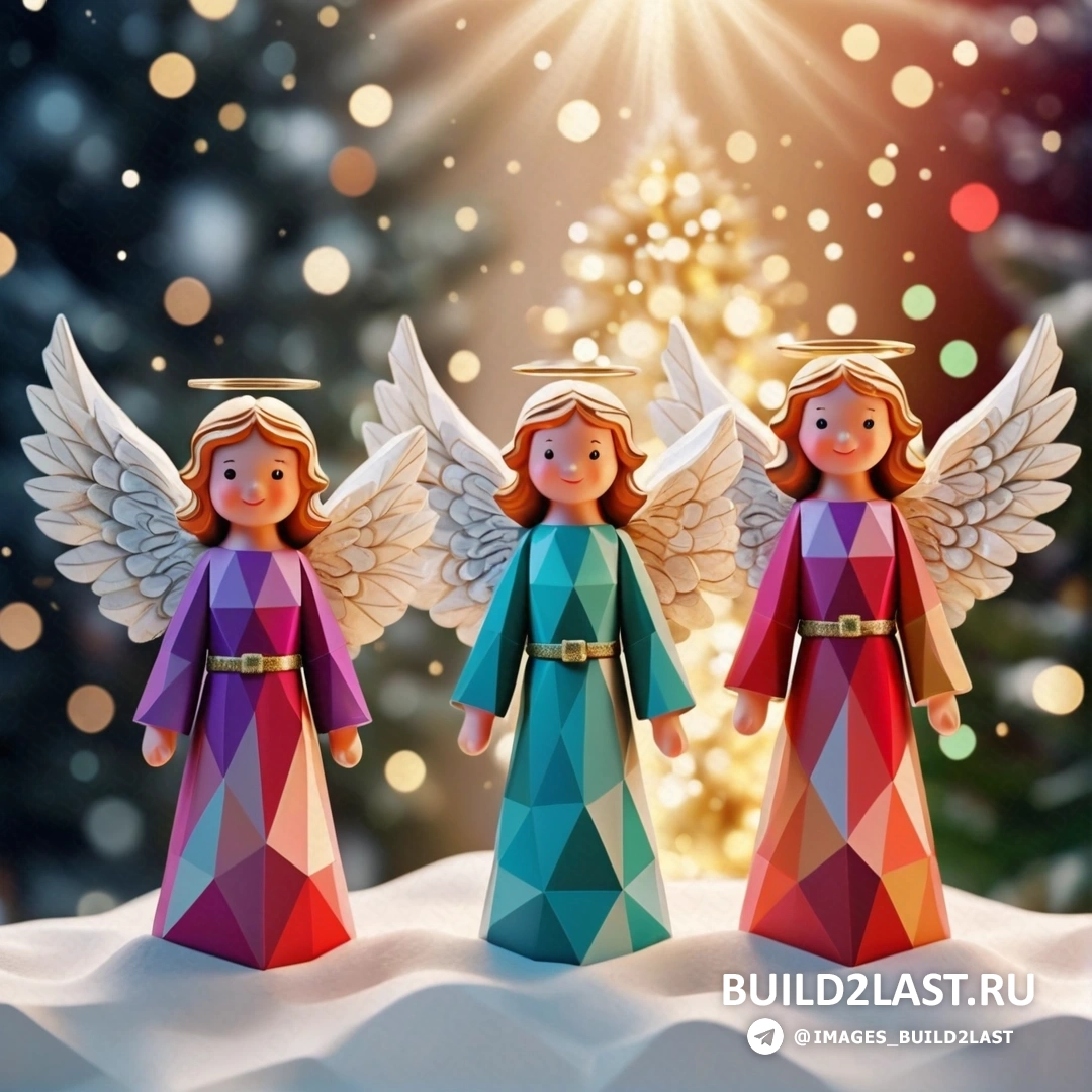 три красочные фигурки ангелов, стоящие перед рождественской елкой с огнями и вспышкой звезды в небе