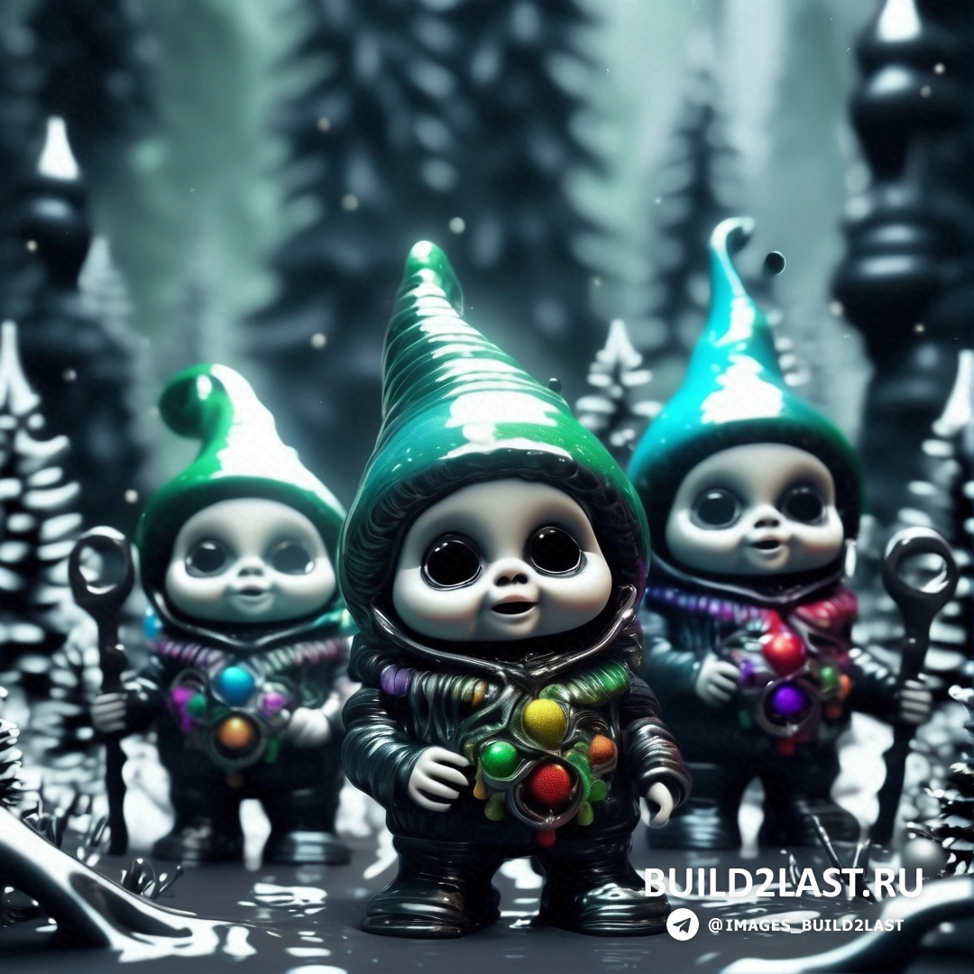 три маленьких гнома стоят в лесу с рождественскими гирляндами на головах, в зеленых шляпах и шарфах