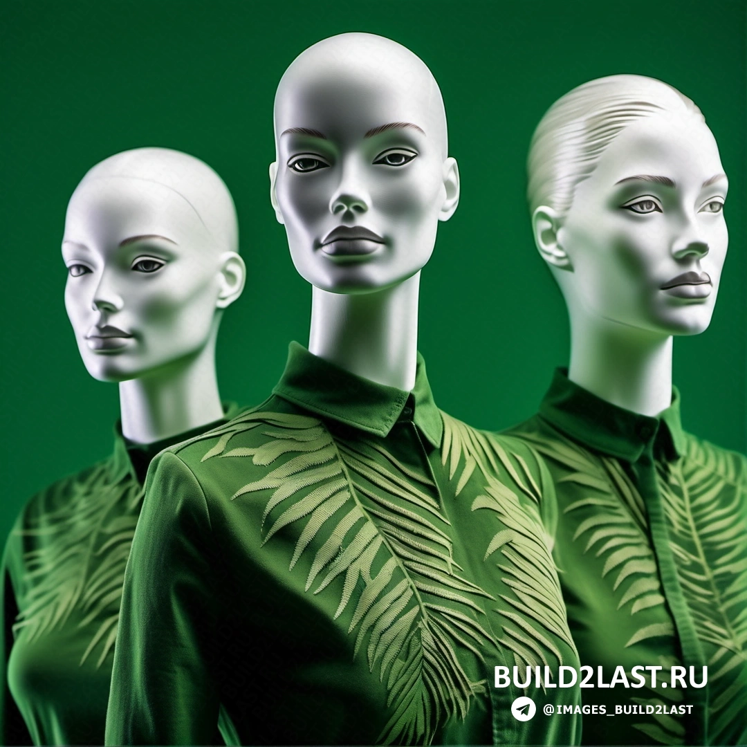 Les automatistes - рендер Ambient occlusion. Три манекена с зелеными листьями на них.