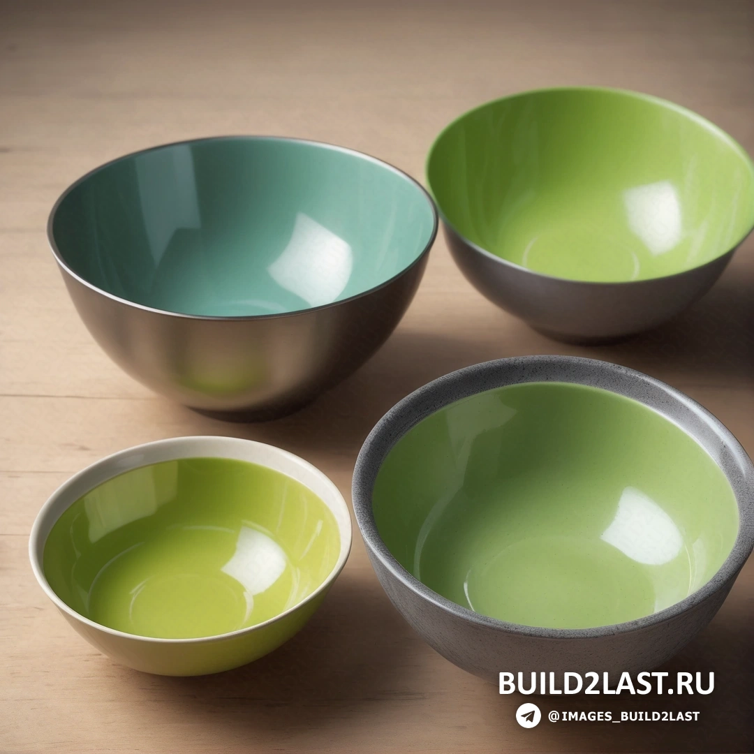 Тонализм - натюрморт. Три миски стоят на столе с деревянной поверхностью на заднем плане.