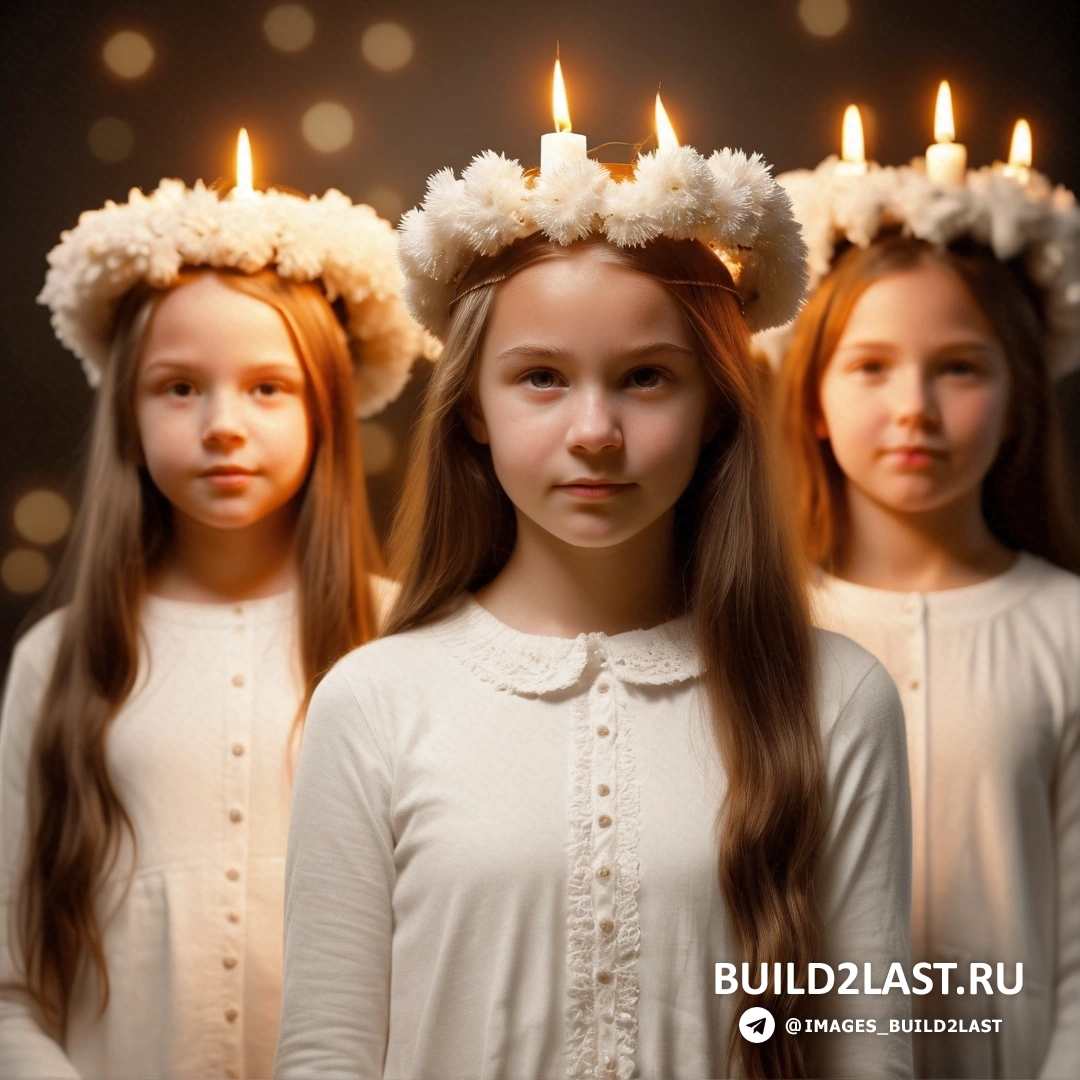 три молодые девушки с цветочными коронами на головах, все в белых платьях и свечами в волосах, все смотрят в камеру