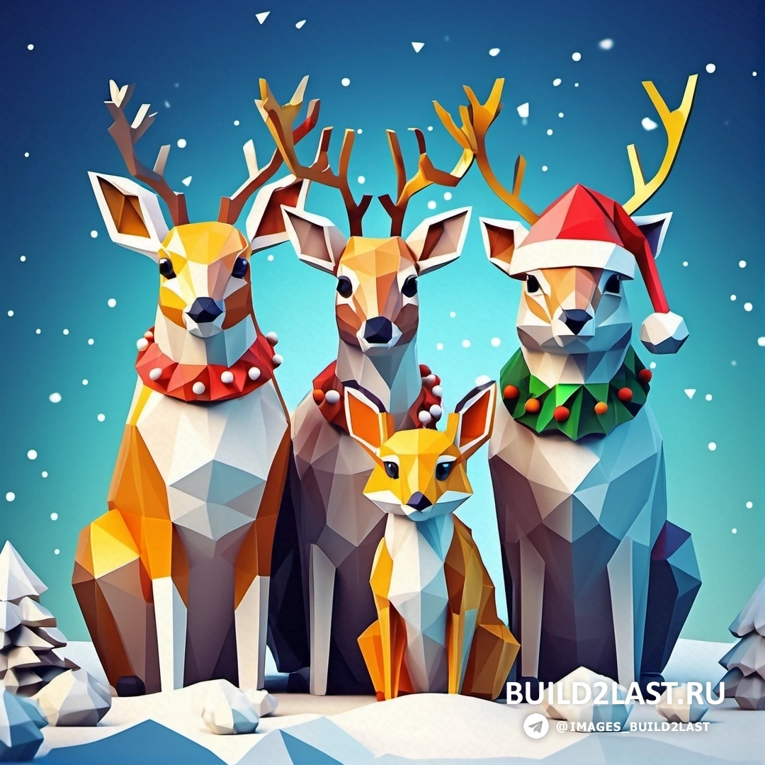три оленя стоят на снегу с рождественскими украшениями