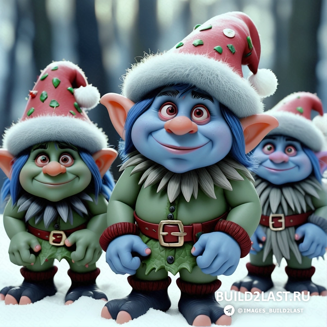 три персонажа мультфильма, одетые в рождественские наряды, вместе стоят на снегу, один из них в шапке