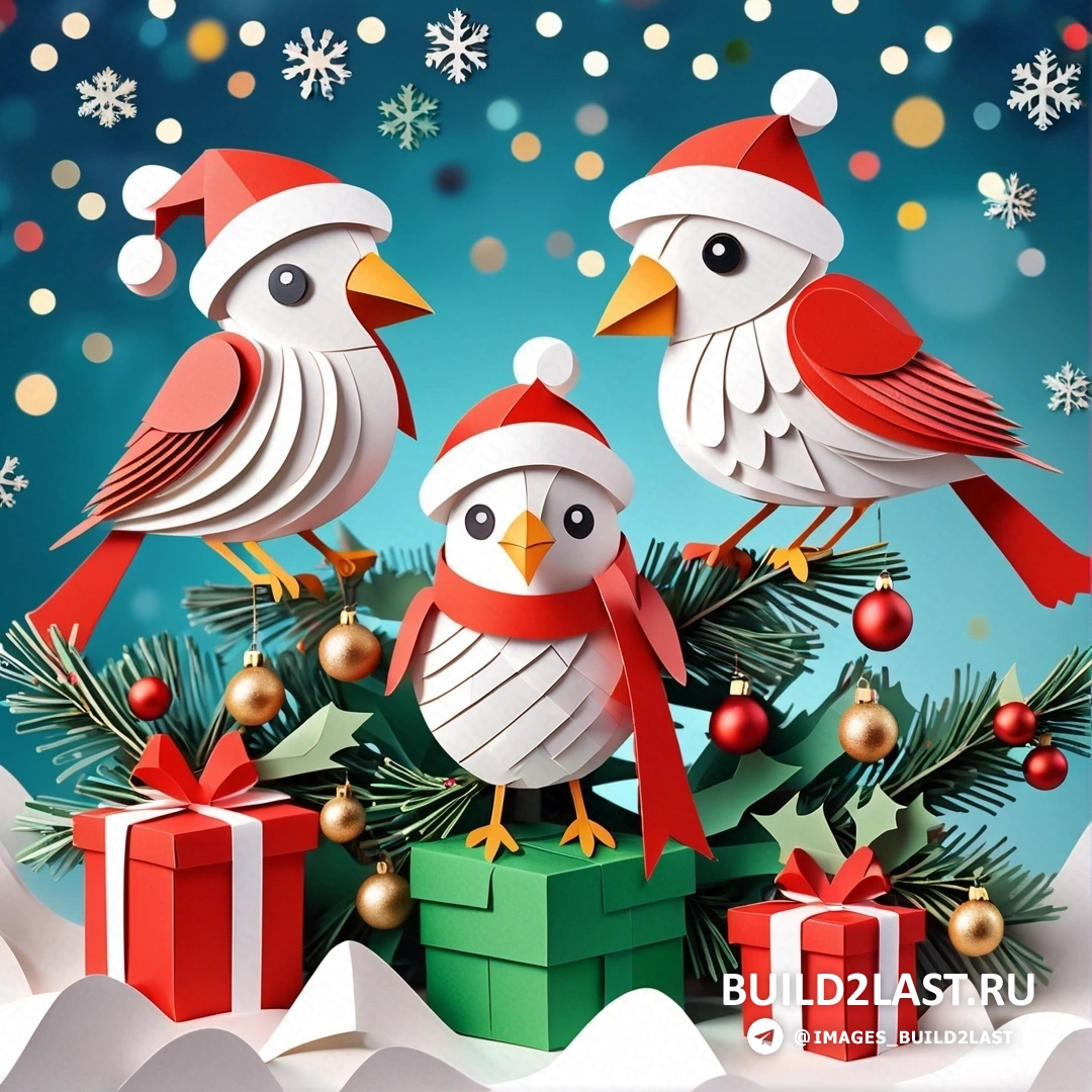 три птицы на рождественской елке с подарками перед ними и снежинками