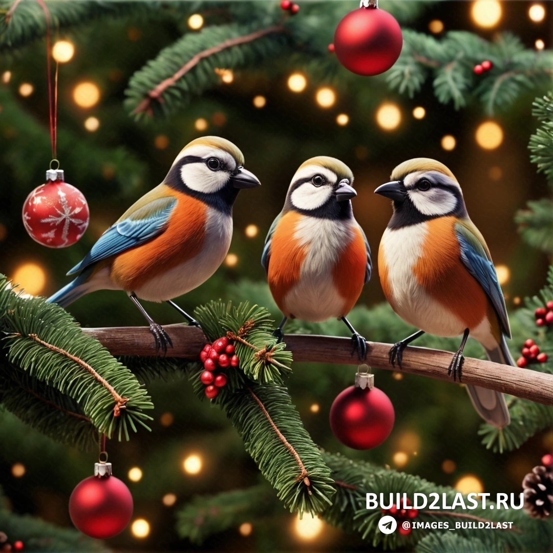 три птицы на ветке с рождественскими украшениями и рождественская елка с огнями 