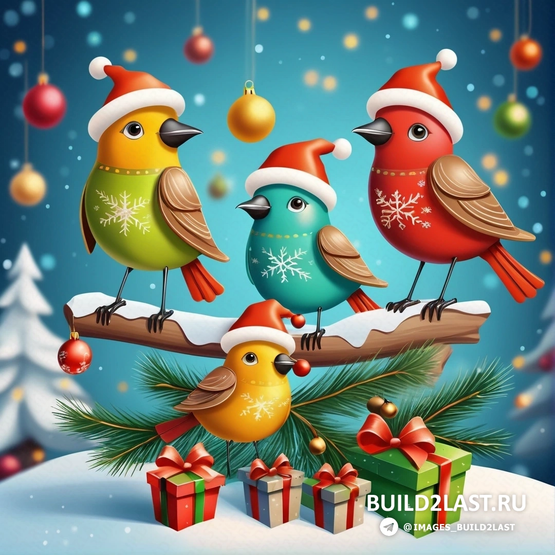 три птицы на ветке с подарками под елкой и синий фон со снежинками