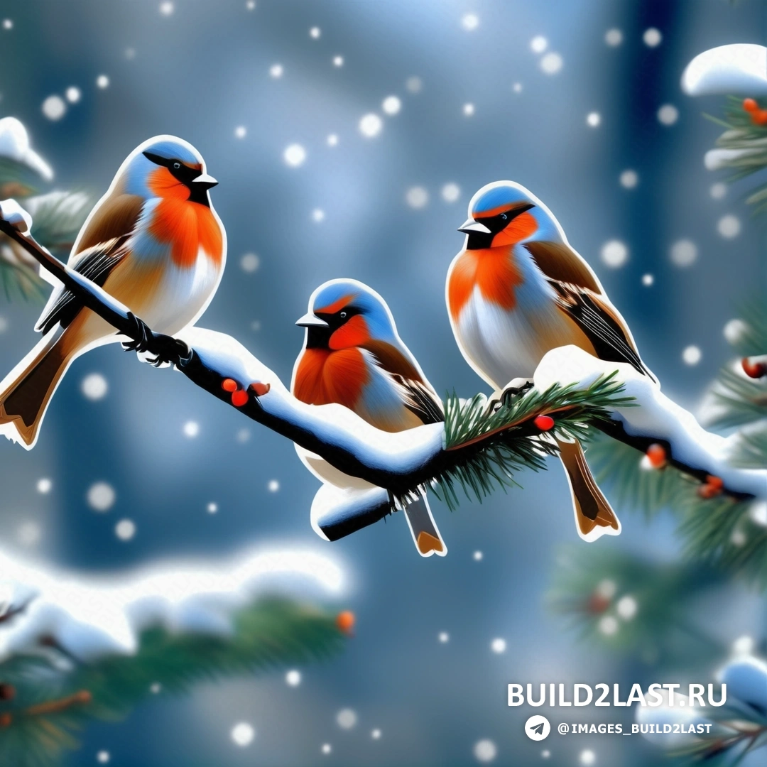 три птицы на ветке в снегу с сосновыми шишками на ветвях и снегом, 