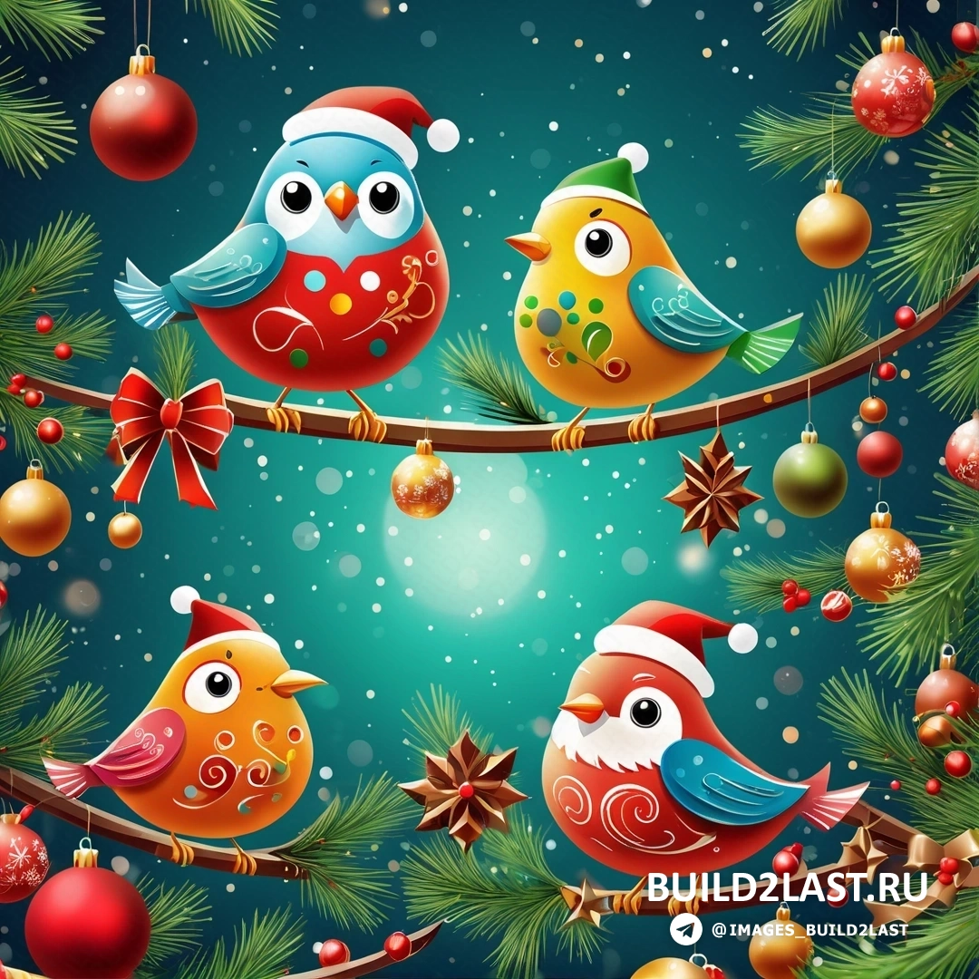 три птицы на ветке с рождественскими украшениями и синим фоном со снежинками и звездами