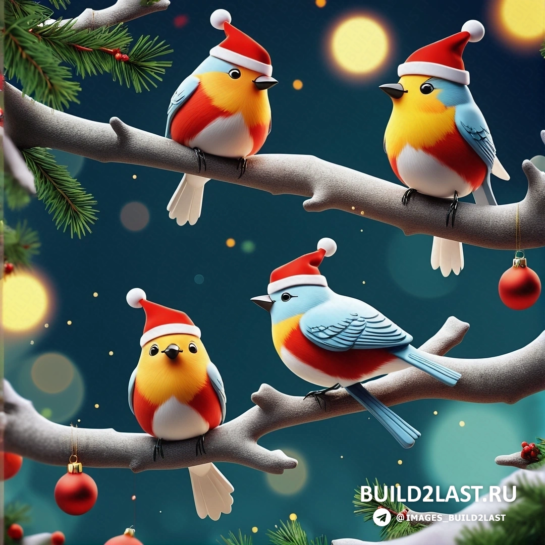 три птицы на ветке с рождественскими украшениями и синим фоном с огнями и снегом
