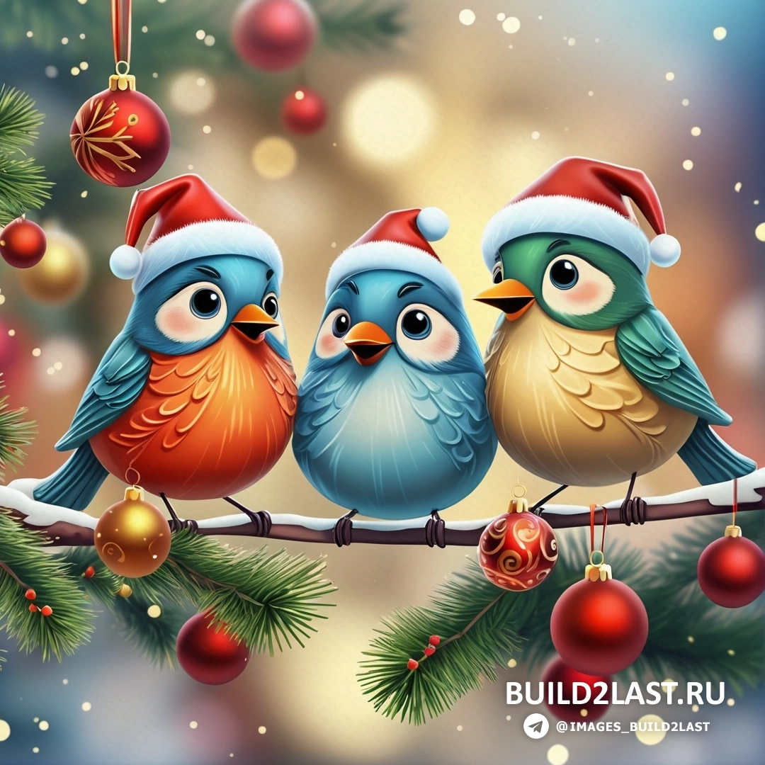 три птицы на ветке с рождественскими украшениями на ветвях и рождественской елкой