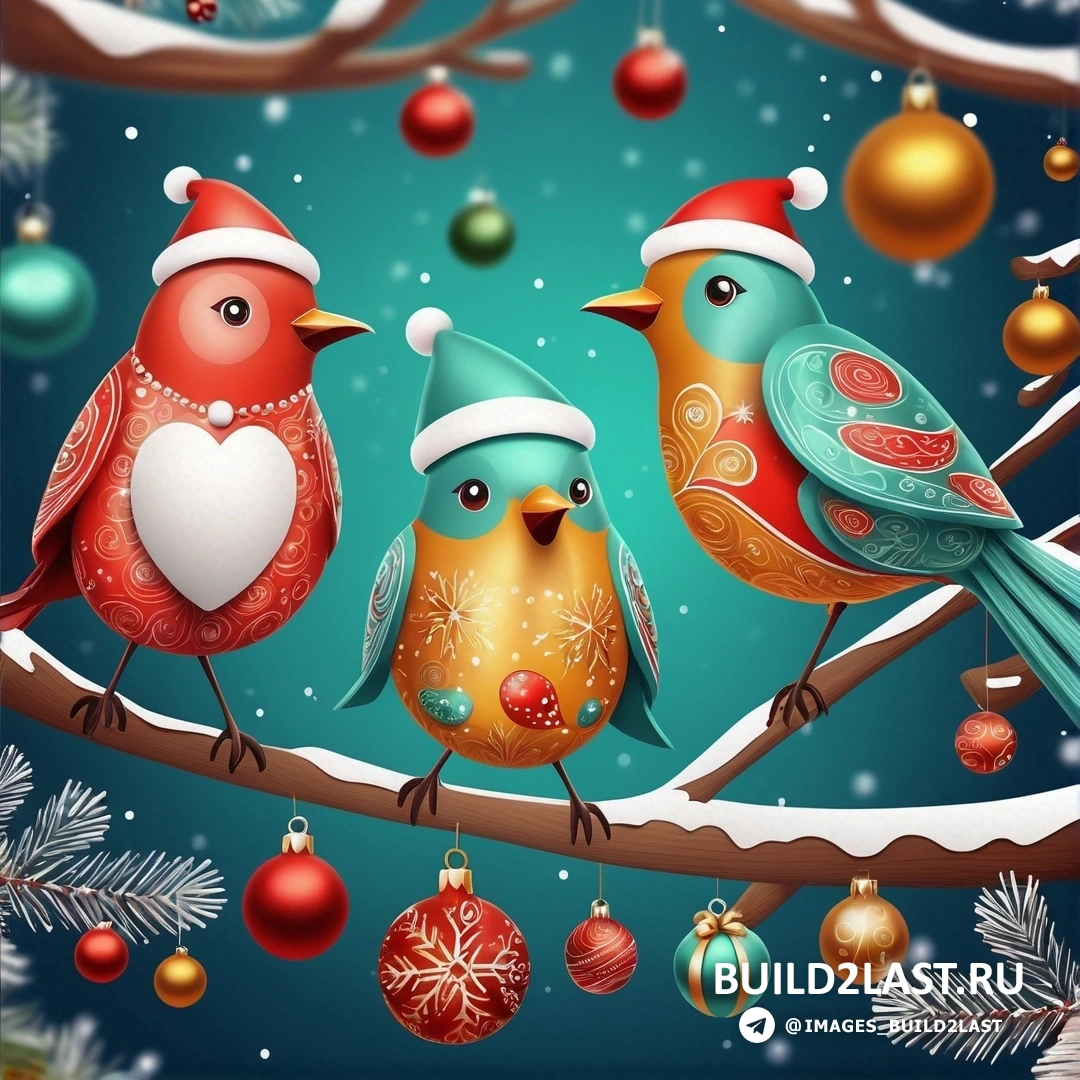 три птицы на ветке с рождественскими украшениями и синим фоном со снежинками и шарами