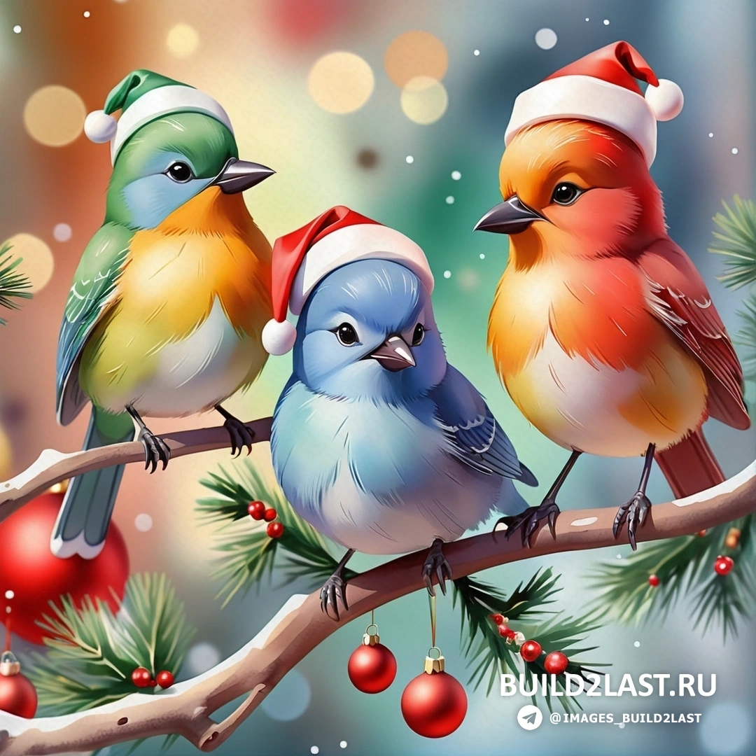 три птицы на ветке с рождественскими украшениями на ветках и шляпой Санты на вершине одной из двух
