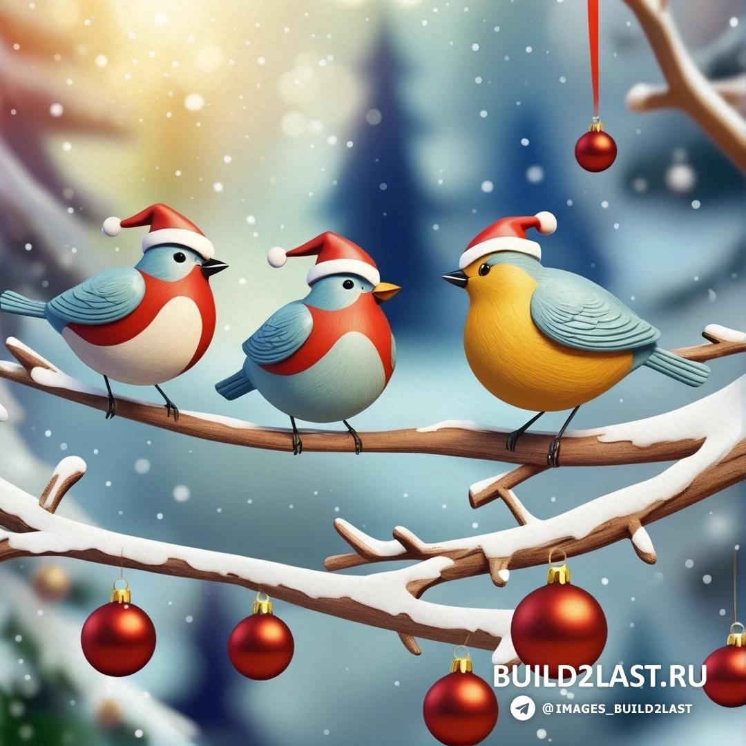 три птицы на ветке с рождественскими украшениями, свисающими с ветвей, и заснеженным фоном