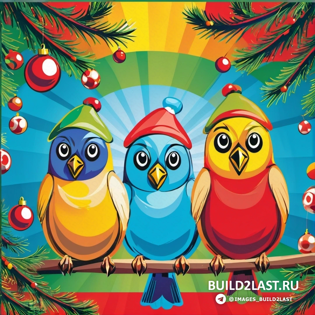 три разноцветные птицы на ветке с рождественскими украшениями и солнечными лучами