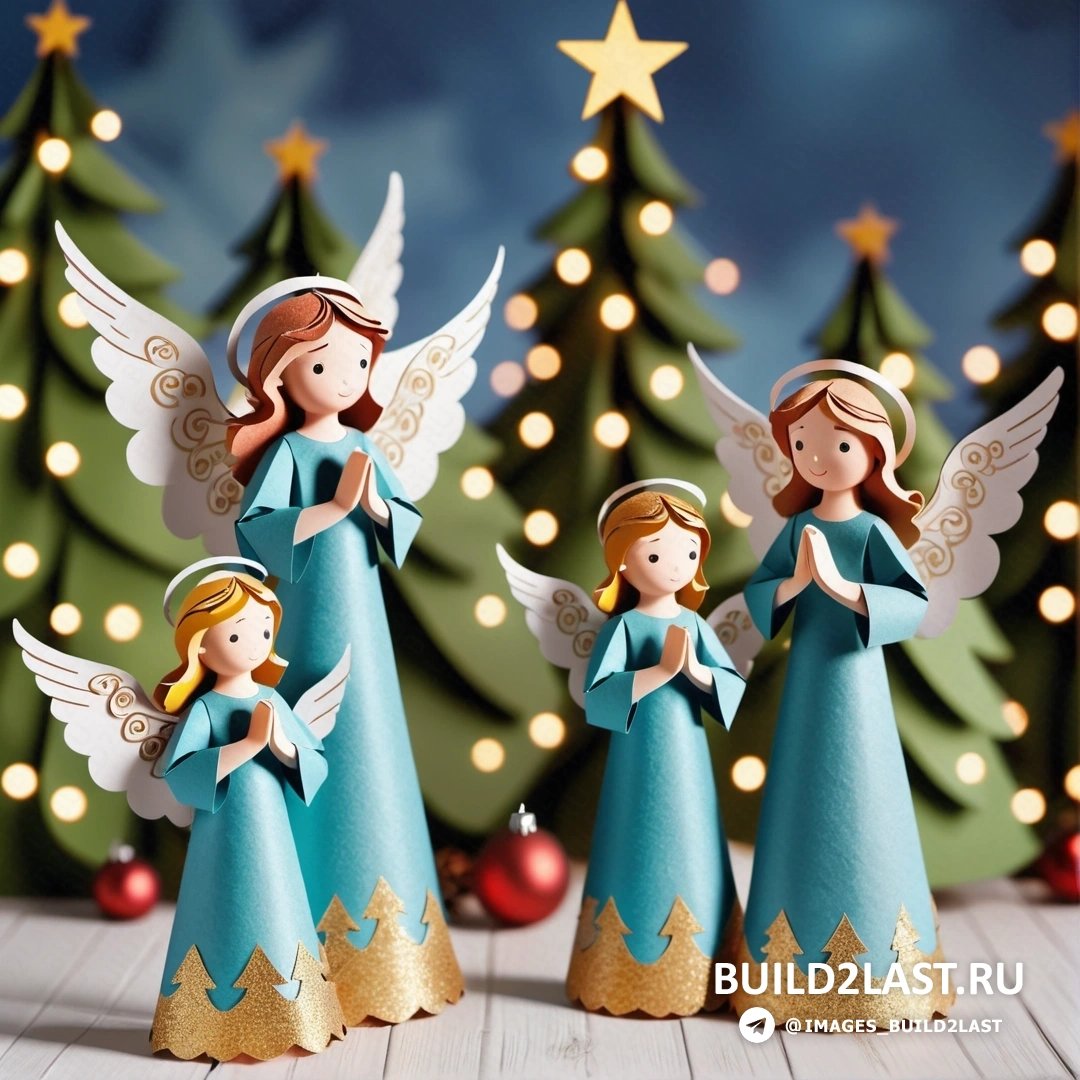три рождественских ангела, стоящие перед рождественской елкой с огнями и звездой на вершине