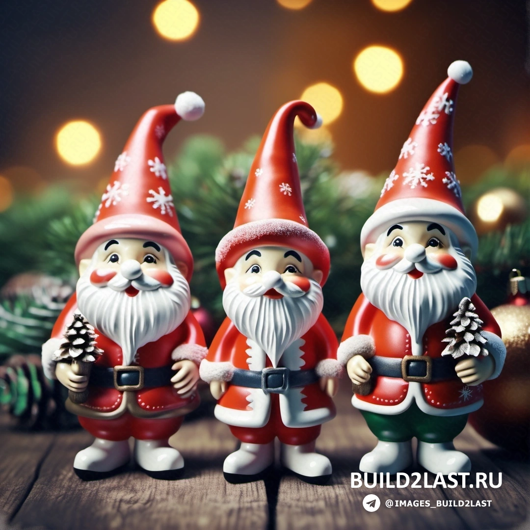 три рождественских гнома стоят рядом с рождественской елкой с огнями и сосновой шишкой