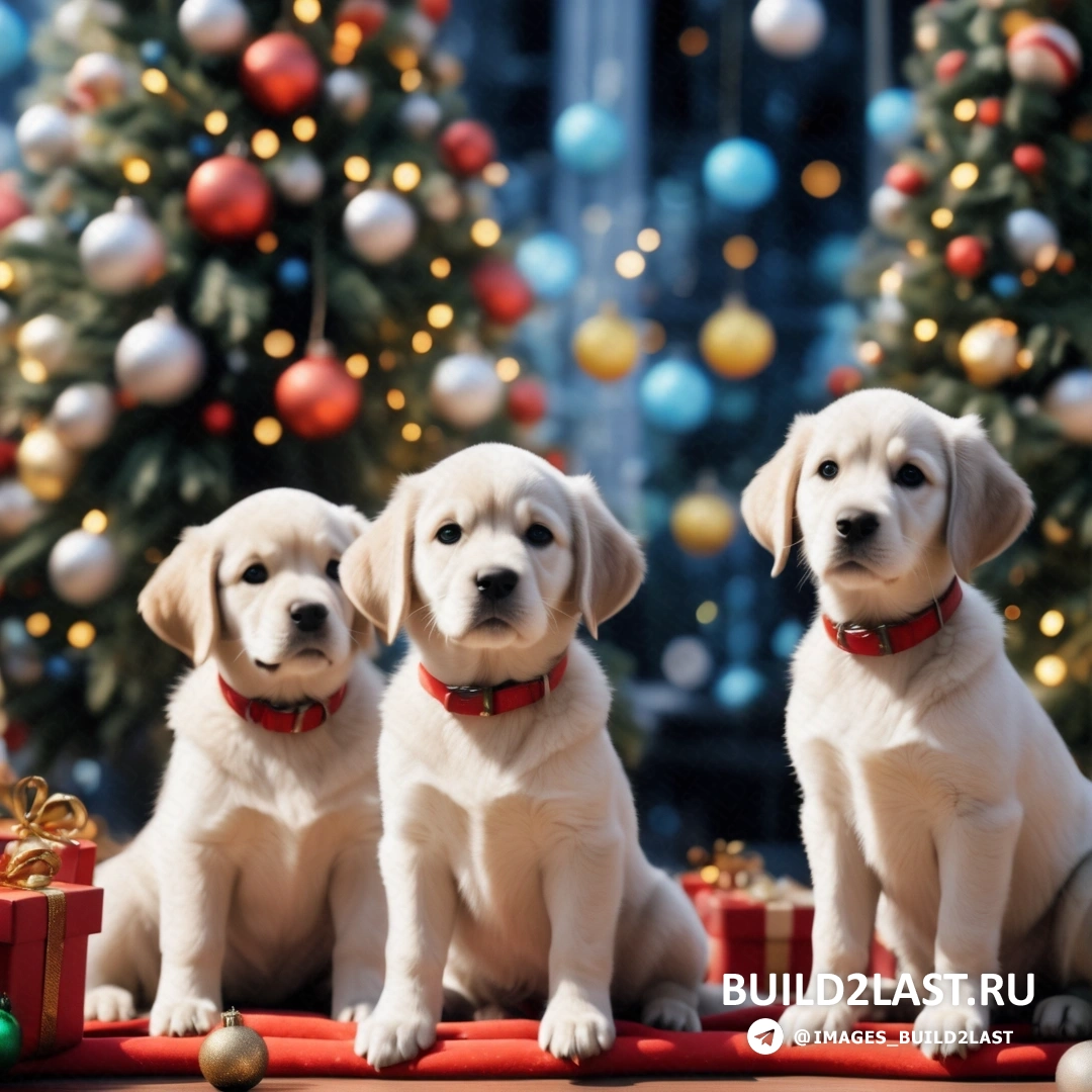 три щенка на красном одеяле перед рождественской елкой с подарками и шариками на земле