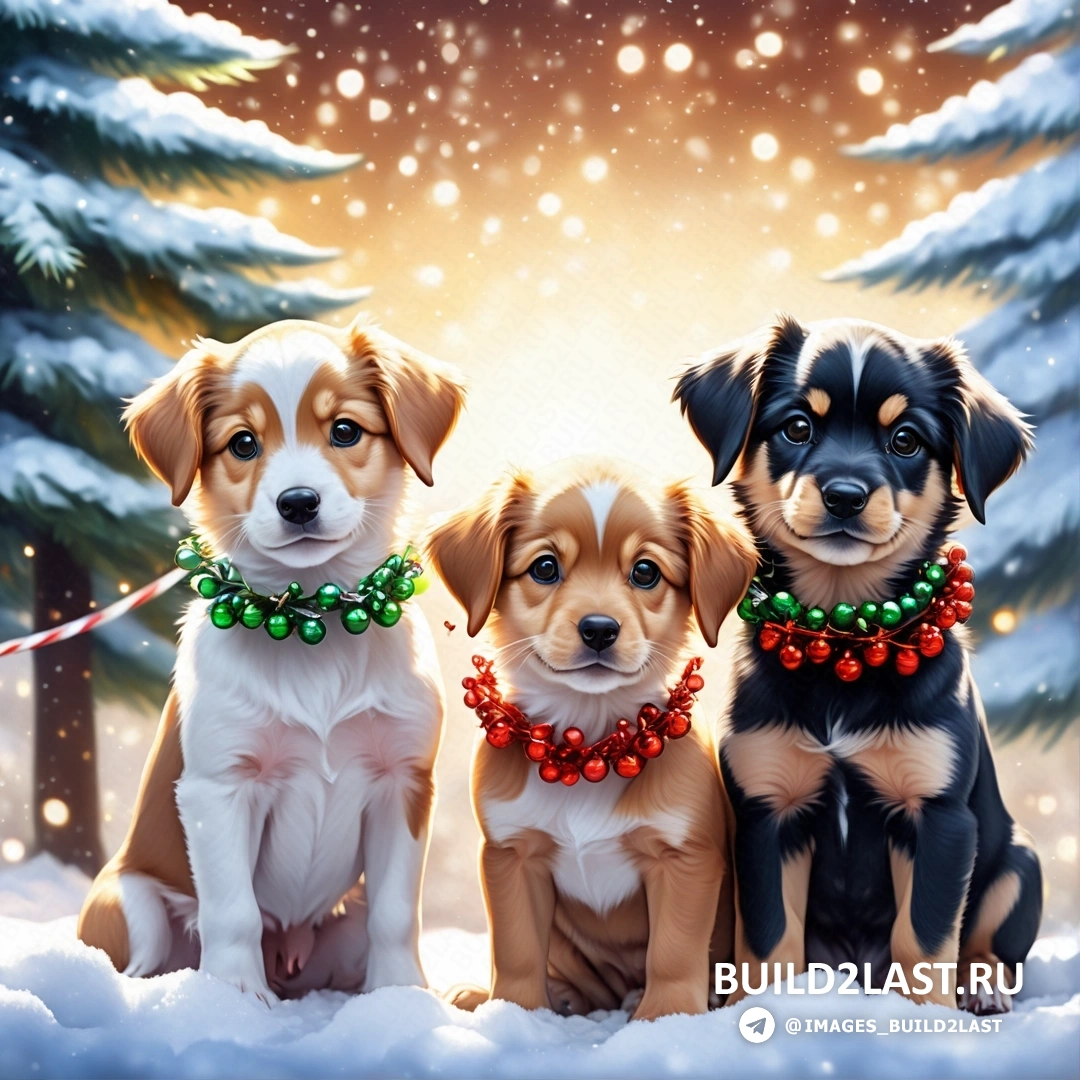 три собаки на снегу с рождественскими украшениями на ошейниках