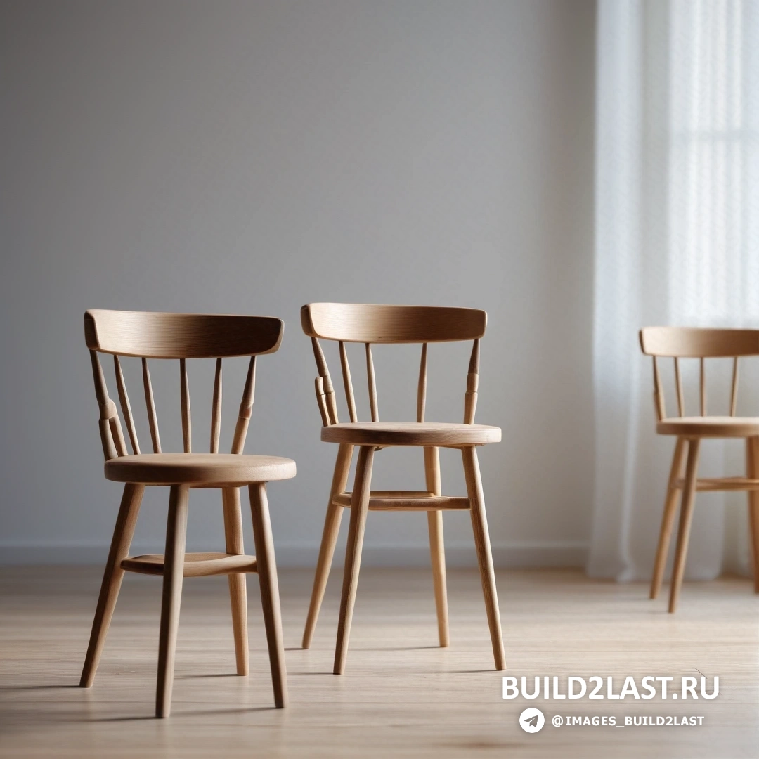 Минимализм - 3D-рендер. Три стула в ряд в комнате с окном за ними