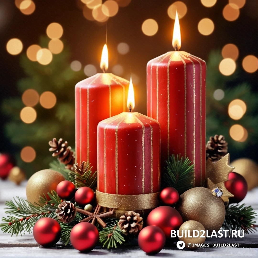 три свечи с рождественскими украшениями и огнями фото Майкла Короли / Shutterstocker com