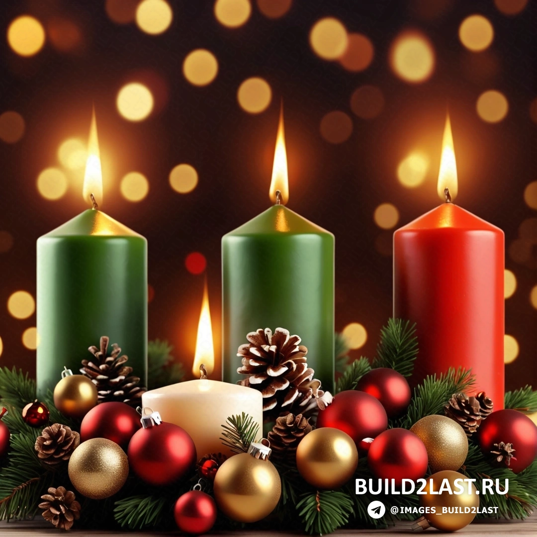 три свечи с рождественскими украшениями и огнями фото - 3d рендеринг фото, иллюстрация, рождество, свечи